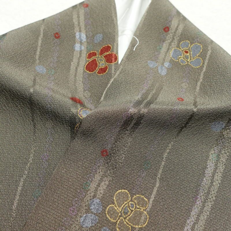 小紋 しつけ糸付き 縮緬 正絹 花柄 袷仕立て 身丈159.5cm 裄丈65.5cm 小紋着物 多色使い_画像15