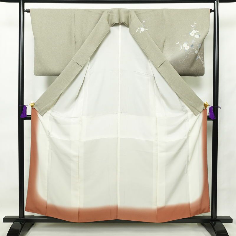 訪問着 良品 正絹 木の葉・植物柄 袷仕立て 身丈156cm 裄丈64cm フォーマル 着物 緑・うぐいす色_画像3