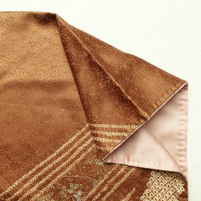 付け下げ 絞り 正絹 古典柄 袷仕立て 身丈167cm 裄丈69cm 箔 刺繍 金彩 フォーマル 附下 着物 茶_画像13