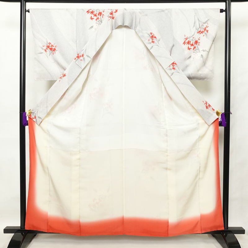 小紋 しつけ糸付き 正絹 花柄 袷仕立て 身丈161cm 裄丈65cm 小紋着物 グレー_画像3