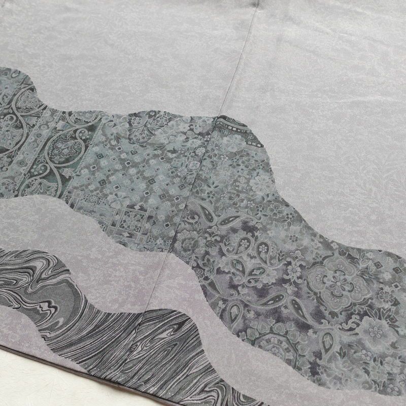 付け下げ 良品 縮緬 正絹 幾何学柄・抽象柄 袷仕立て 身丈169cm 裄丈68cm 一部しつけ糸付き 附下 共八掛 紫・藤色_画像12