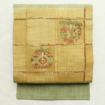 名古屋帯 太鼓柄 正絹 木の葉・植物柄 名古屋仕立て 刺繍 古典 松 菊