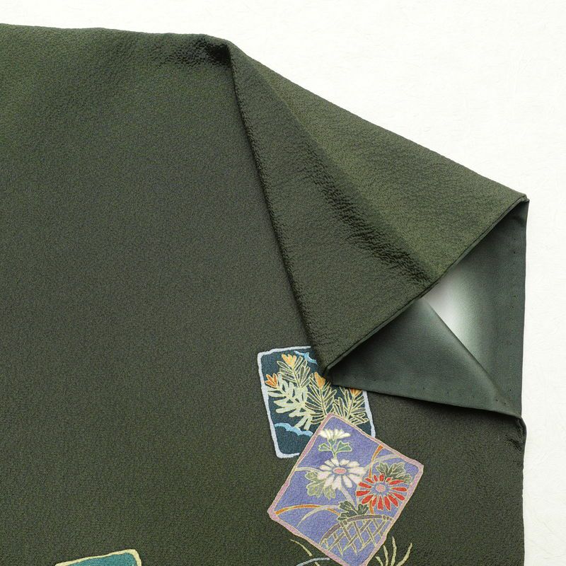 付け下げ 良品 縮緬 正絹 古典柄 袷仕立て 身丈159cm 裄丈66.5cm 附下 着物 緑・うぐいす色_画像13