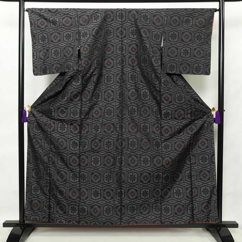 小紋 大島紬 アンサンブル 証紙付き 花模様 藍色 着物 093w あかう d 