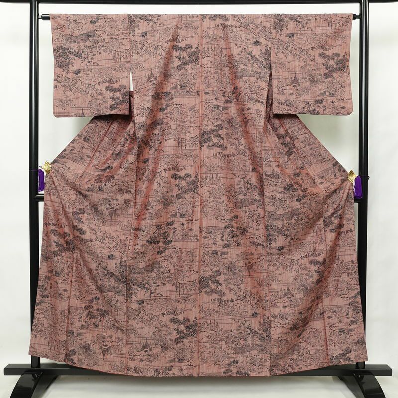 紬 良品 小紋柄 正絹 風景柄 袷仕立て 身丈159.5cm 裄丈64cm ピンク_画像1
