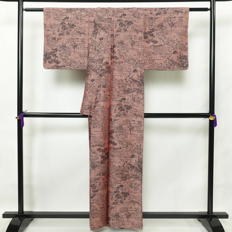 紬 良品 小紋柄 正絹 風景柄 袷仕立て 身丈159.5cm 裄丈64cm ピンク_画像2