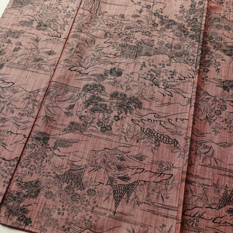 紬 良品 小紋柄 正絹 風景柄 袷仕立て 身丈159.5cm 裄丈64cm ピンク_画像4