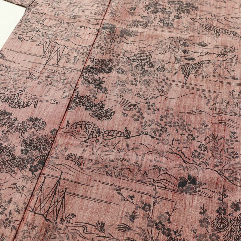 紬 良品 小紋柄 正絹 風景柄 袷仕立て 身丈159.5cm 裄丈64cm ピンク_画像5