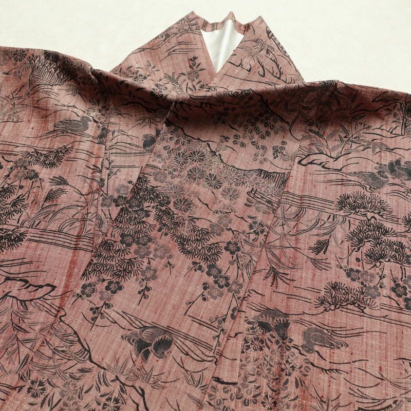 紬 良品 小紋柄 正絹 風景柄 袷仕立て 身丈159.5cm 裄丈64cm ピンク_画像15