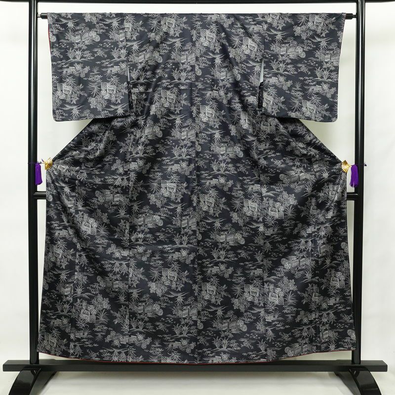 紬 しつけ糸付き 正絹 風景柄 袷仕立て 身丈156cm 裄丈64cm 青・紺_画像1