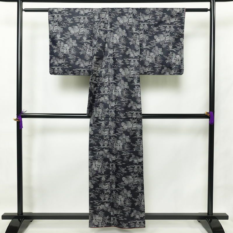 紬 しつけ糸付き 正絹 風景柄 袷仕立て 身丈156cm 裄丈64cm 青・紺_画像2