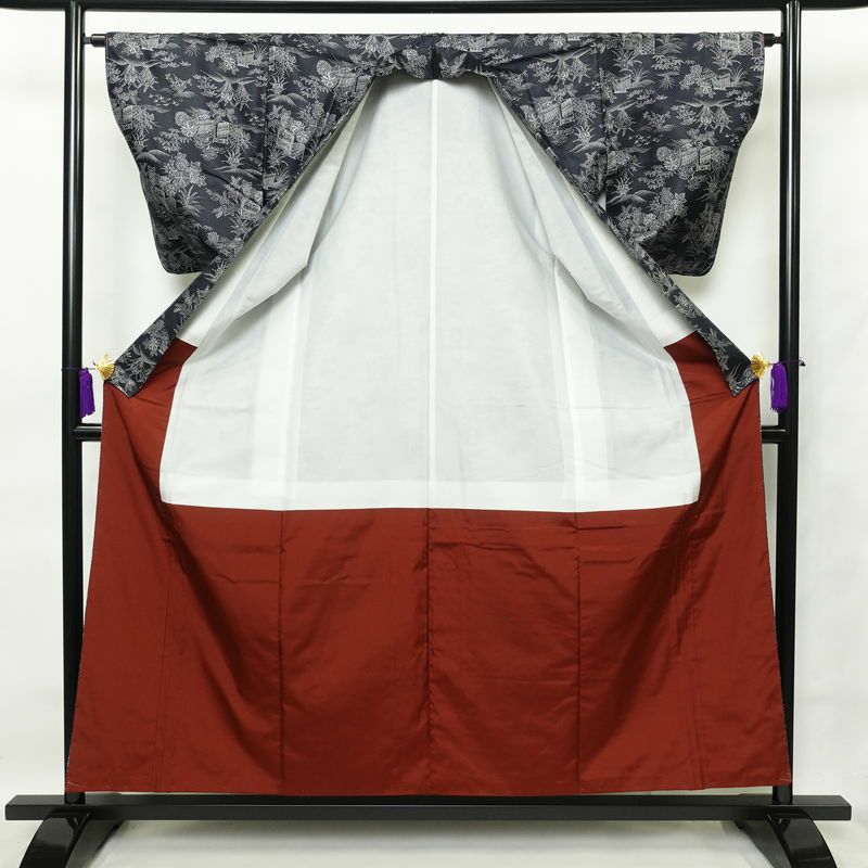 紬 しつけ糸付き 正絹 風景柄 袷仕立て 身丈156cm 裄丈64cm 青・紺_画像3