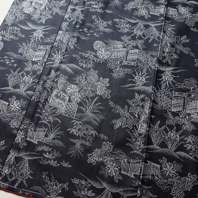 紬 しつけ糸付き 正絹 風景柄 袷仕立て 身丈156cm 裄丈64cm 青・紺_画像4