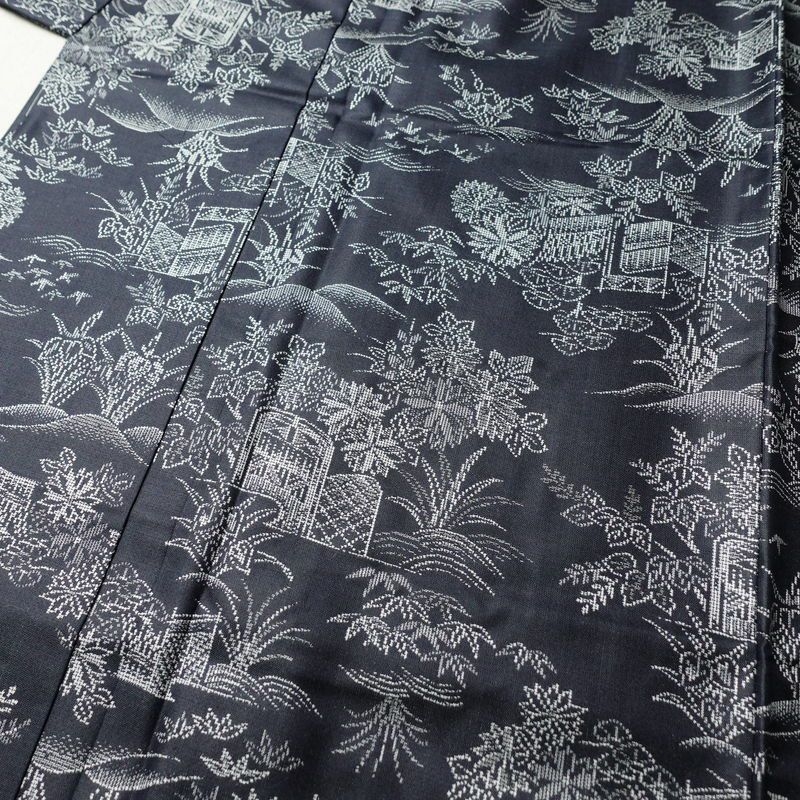紬 しつけ糸付き 正絹 風景柄 袷仕立て 身丈156cm 裄丈64cm 青・紺_画像5