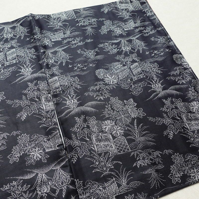 紬 しつけ糸付き 正絹 風景柄 袷仕立て 身丈156cm 裄丈64cm 青・紺_画像12