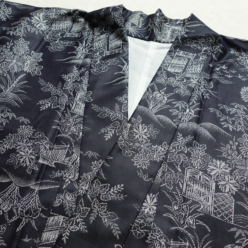 紬 しつけ糸付き 正絹 風景柄 袷仕立て 身丈156cm 裄丈64cm 青・紺_画像15