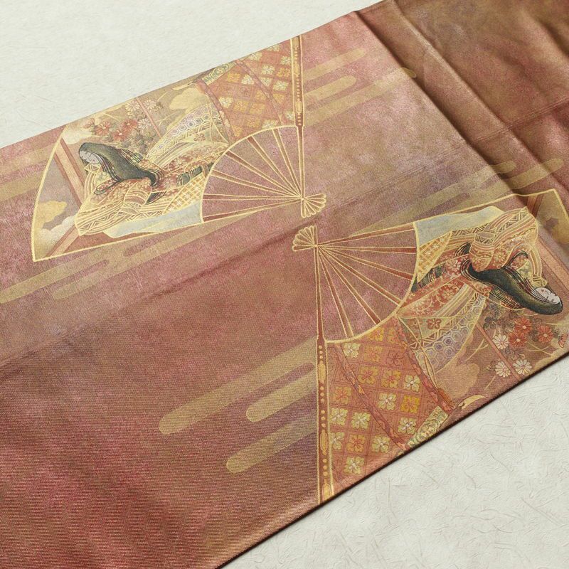 袋帯 太鼓柄 良品 正絹 人物・動物柄 箔 フォーマル 小豆・エンジ_画像17