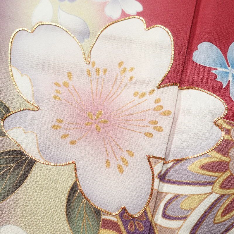 振袖 金駒刺繍 正絹 花柄 袷仕立て 身丈176cm 裄丈68cm 金彩 成人式 赤・朱_画像6