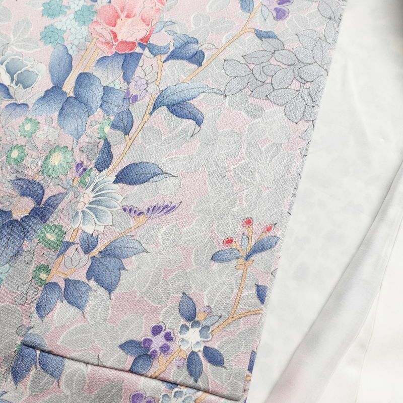 小紋 美品 しつけ糸付き 総柄 正絹 花柄 袷仕立て 身丈158cm 裄丈63.5cm 小紋着物 多色使い_画像14