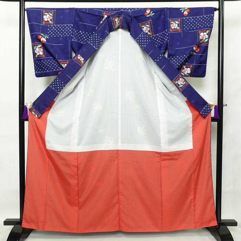 小紋 良品 羽織 アンサンブル ポリエステル 花柄 袷仕立て 身丈163.5cm 裄丈66cm 着物 羽織 セット商品 青・紺_画像2