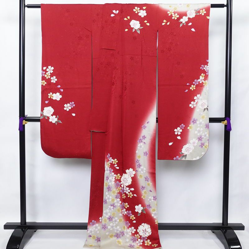 振袖 金駒刺繍 正絹 花柄 袷仕立て 身丈170cm 裄丈69cm 金彩 フォーマル 成人式 着物 赤・朱_画像2