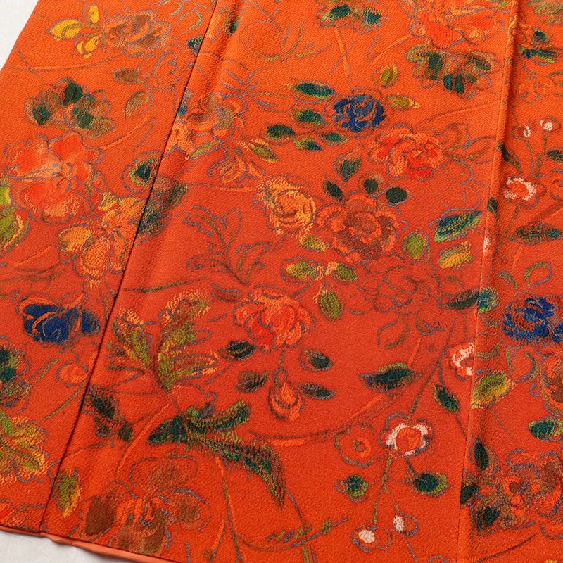 小紋 縮緬 総柄 正絹 花柄 袷仕立て 身丈164.5cm 裄丈65cm 橙_画像4