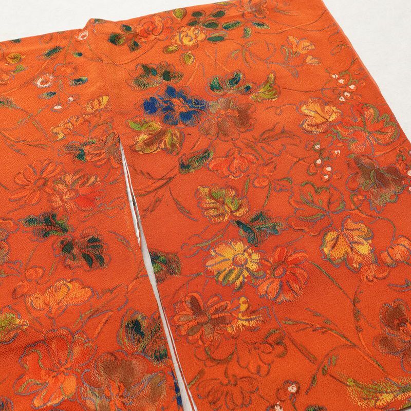 小紋 縮緬 総柄 正絹 花柄 袷仕立て 身丈164.5cm 裄丈65cm 橙_画像11