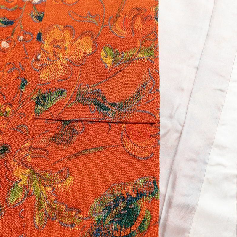 小紋 縮緬 総柄 正絹 花柄 袷仕立て 身丈164.5cm 裄丈65cm 橙_画像16