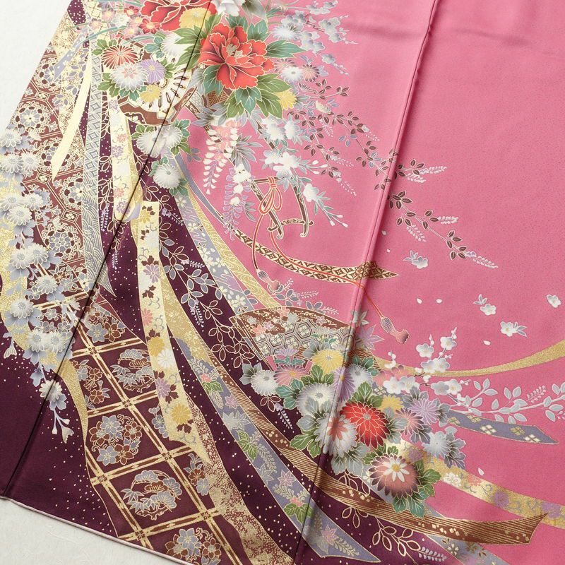 振袖 良品 正絹 古典柄 袷仕立て 身丈173cm 裄丈68cm 箔 金彩 フォーマル 着物 成人式 ピンク_画像4