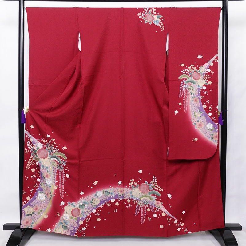 振袖 美品 辻が花 正絹 花柄 袷仕立て 身丈164cm 裄丈67.5cm 金彩 フォーマル 着物 成人式 二十歳の集い 赤・朱_画像1