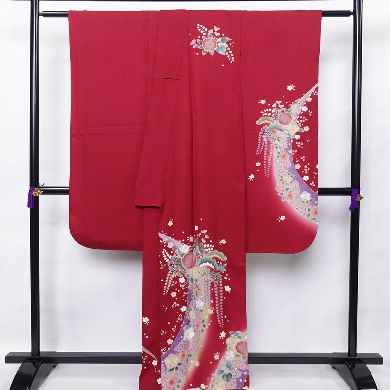 振袖 美品 辻が花 正絹 花柄 袷仕立て 身丈164cm 裄丈67.5cm 金彩 フォーマル 着物 成人式 二十歳の集い 赤・朱_画像2