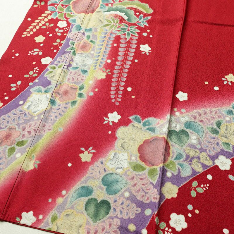 振袖 美品 辻が花 正絹 花柄 袷仕立て 身丈164cm 裄丈67.5cm 金彩 フォーマル 着物 成人式 二十歳の集い 赤・朱_画像4