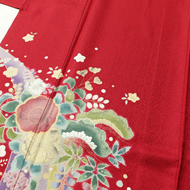 振袖 美品 辻が花 正絹 花柄 袷仕立て 身丈164cm 裄丈67.5cm 金彩 フォーマル 着物 成人式 二十歳の集い 赤・朱_画像5