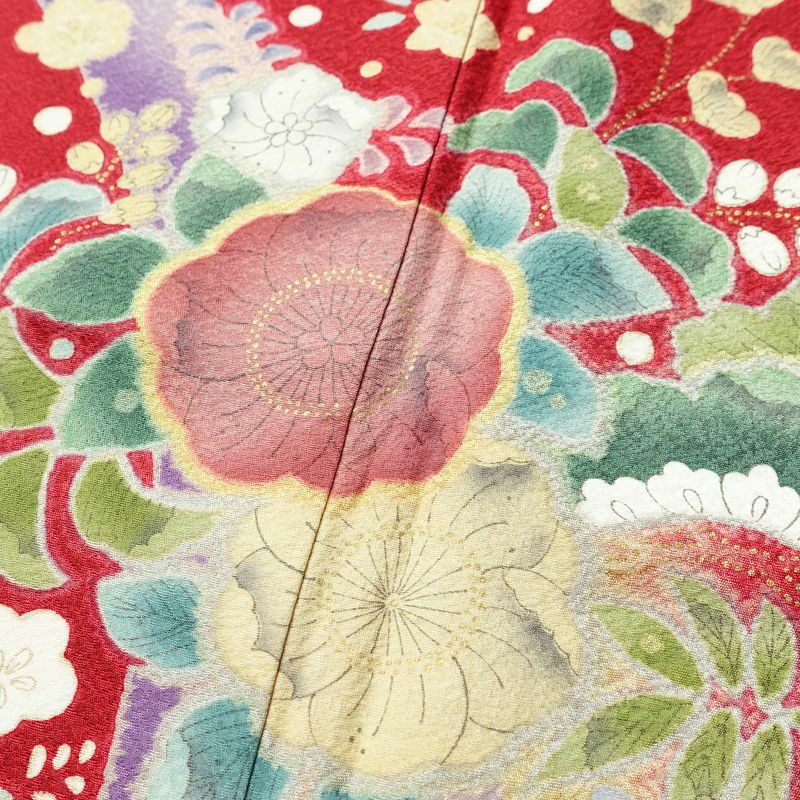 振袖 美品 辻が花 正絹 花柄 袷仕立て 身丈164cm 裄丈67.5cm 金彩 フォーマル 着物 成人式 二十歳の集い 赤・朱_画像6