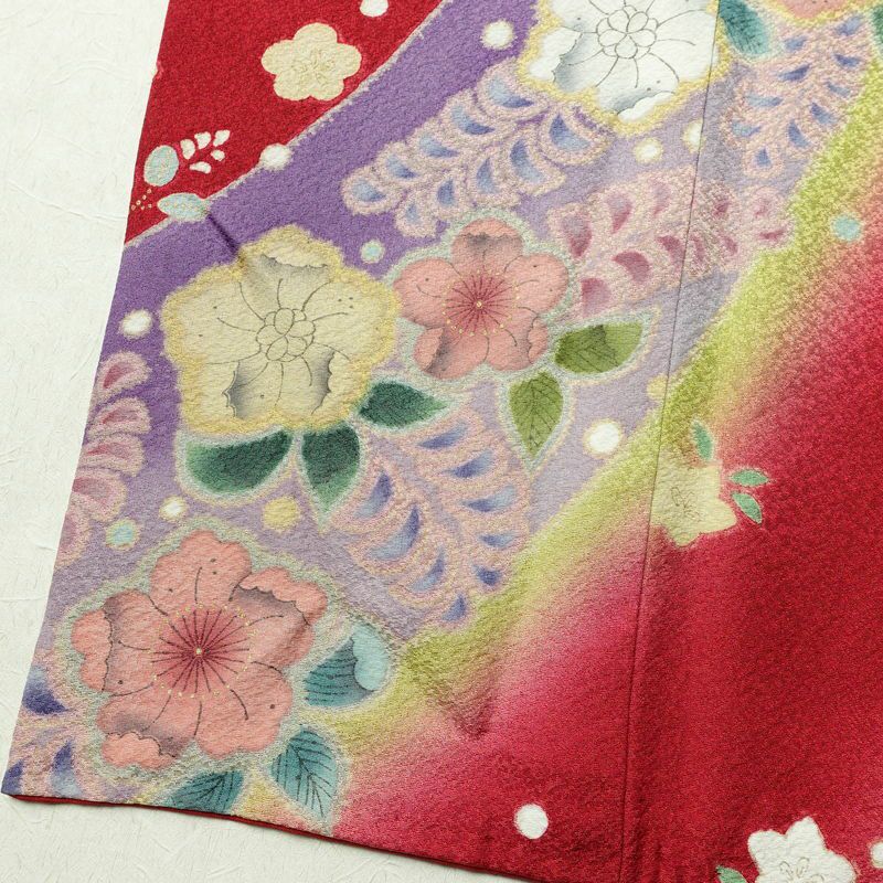 振袖 美品 辻が花 正絹 花柄 袷仕立て 身丈164cm 裄丈67.5cm 金彩 フォーマル 着物 成人式 二十歳の集い 赤・朱_画像11