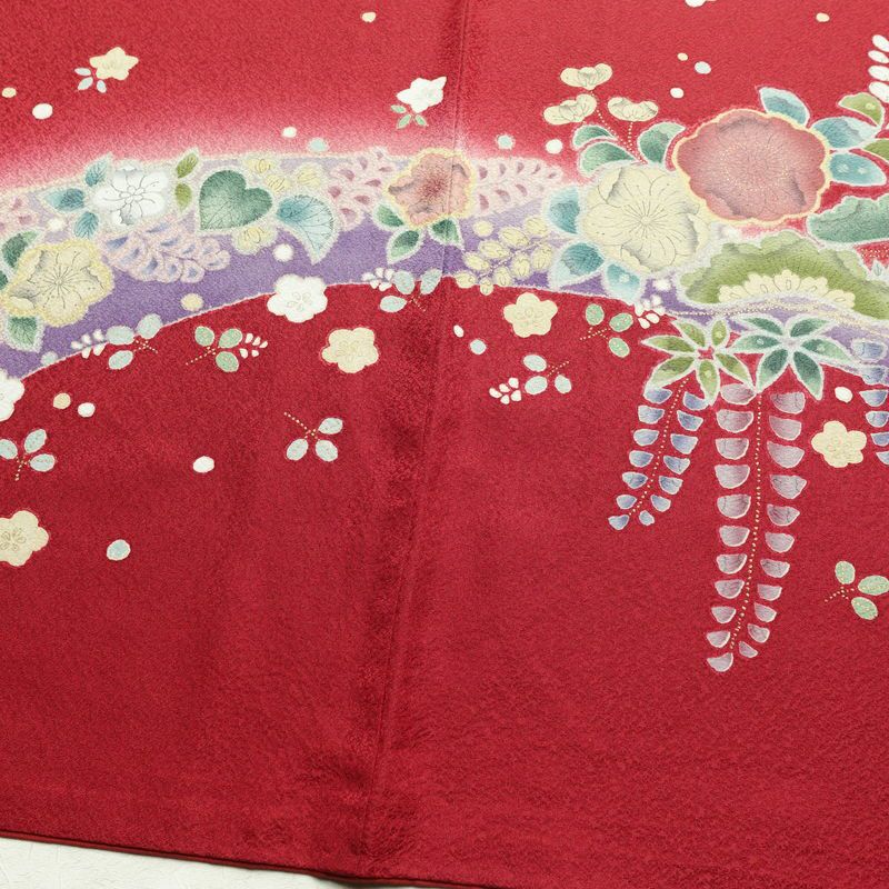 振袖 美品 辻が花 正絹 花柄 袷仕立て 身丈164cm 裄丈67.5cm 金彩 フォーマル 着物 成人式 二十歳の集い 赤・朱_画像12