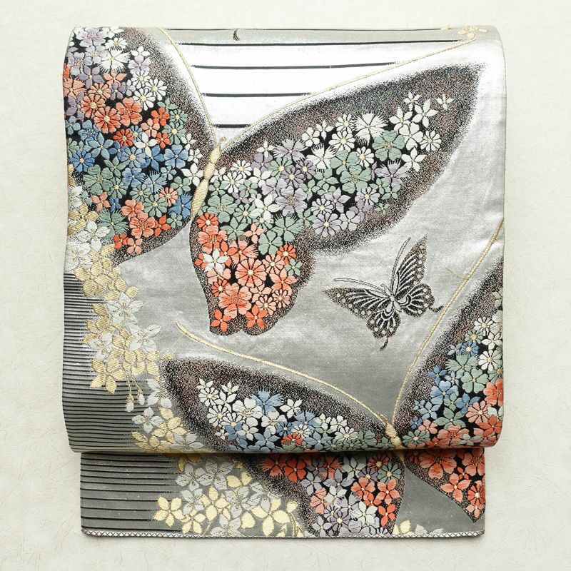 袋帯 六通柄 振袖用 正絹 蝶・昆虫柄 金・銀_画像1