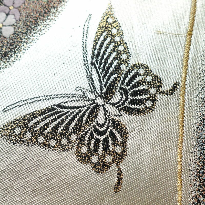 袋帯 六通柄 振袖用 正絹 蝶・昆虫柄 金・銀_画像6