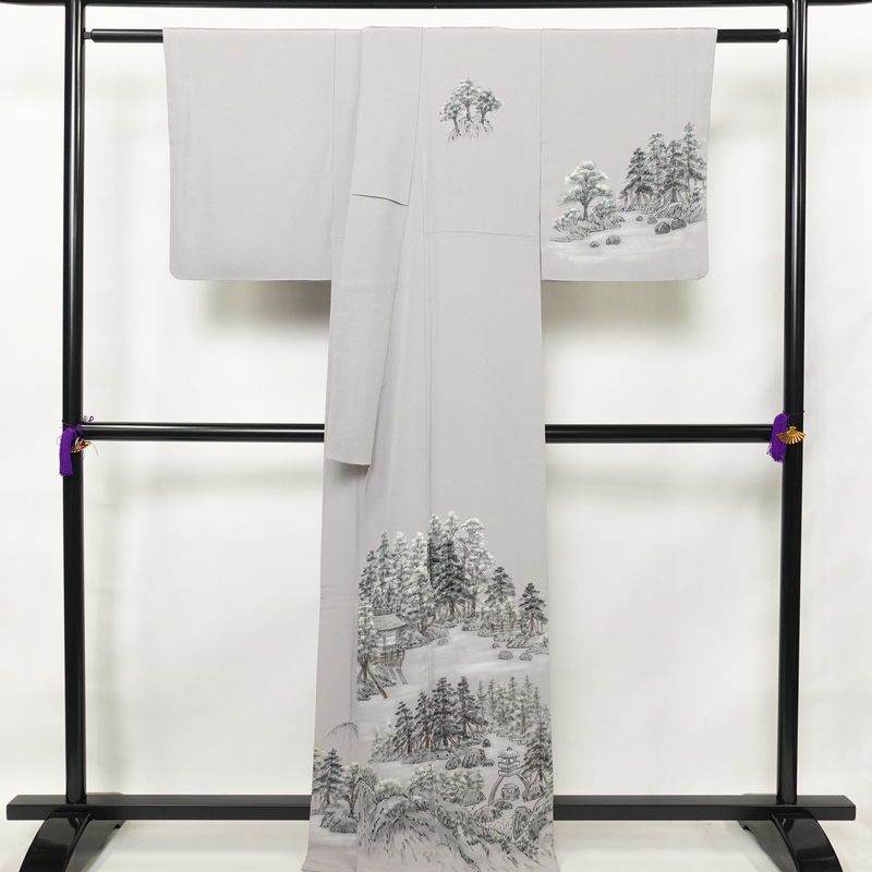 付け下げ 良品 落款入り 縮緬 正絹 風景柄 袷仕立て 身丈166cm 裄丈65cm フォーマル 附下 着物 共八掛 グレー_画像2