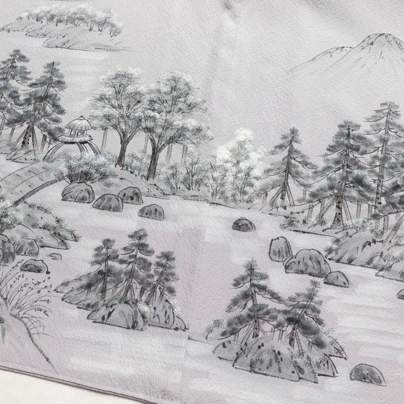 付け下げ 良品 落款入り 縮緬 正絹 風景柄 袷仕立て 身丈166cm 裄丈65cm フォーマル 附下 着物 共八掛 グレー_画像10