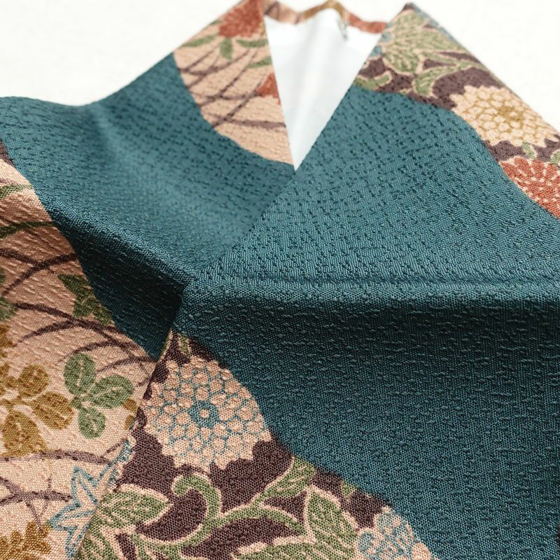 小紋 美品 しつけ糸付き ポリエステル 古典柄 袷仕立て 身丈172cm 裄丈69cm 小紋着物 緑・うぐいす色_画像14