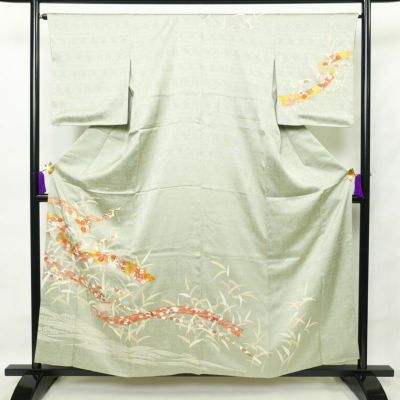 訪問着 金駒刺繍 一つ紋付き 正絹 古典柄 袷仕立て 身丈157cm 裄丈66cm 箔 金彩 フォーマル 着物 緑・うぐいす色