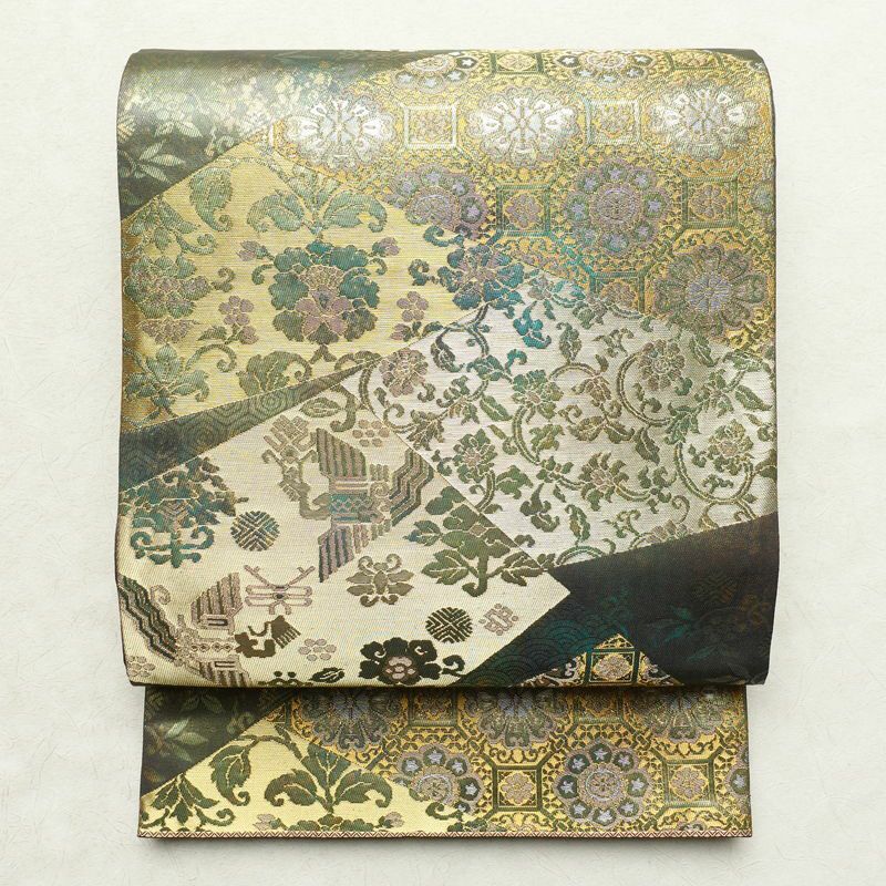 袋帯 六通柄 良品 フォーマル用 正絹 幾何学柄・抽象柄 緑・うぐいす色_画像1