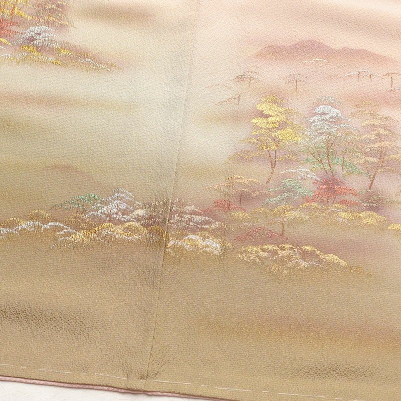 付け下げ 美品 しつけ糸付き 縮緬 正絹 風景柄 袷仕立て 身丈162cm 裄丈67cm 箔 附下 ピンク_画像12
