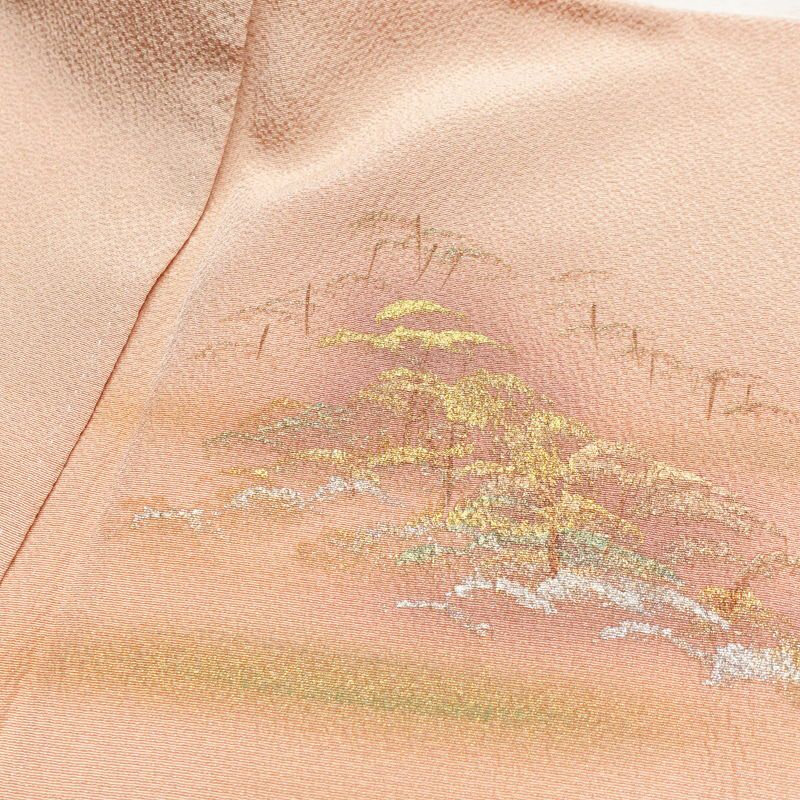 付け下げ 美品 しつけ糸付き 縮緬 正絹 風景柄 袷仕立て 身丈162cm 裄丈67cm 箔 附下 ピンク_画像17