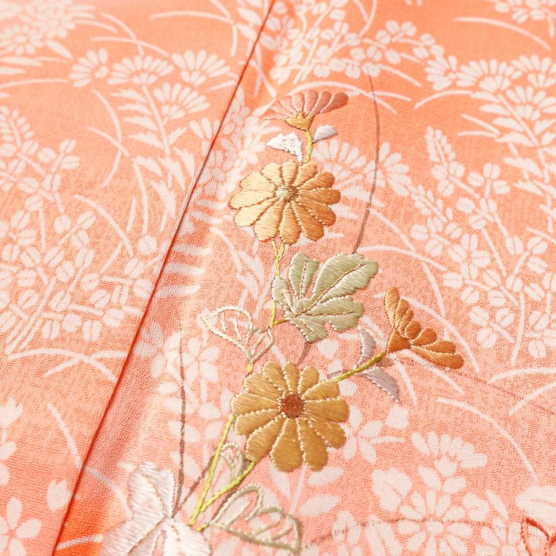 付け下げ 良品 正絹 花柄 袷仕立て 身丈164cm 裄丈66cm 刺繍 橙_画像6