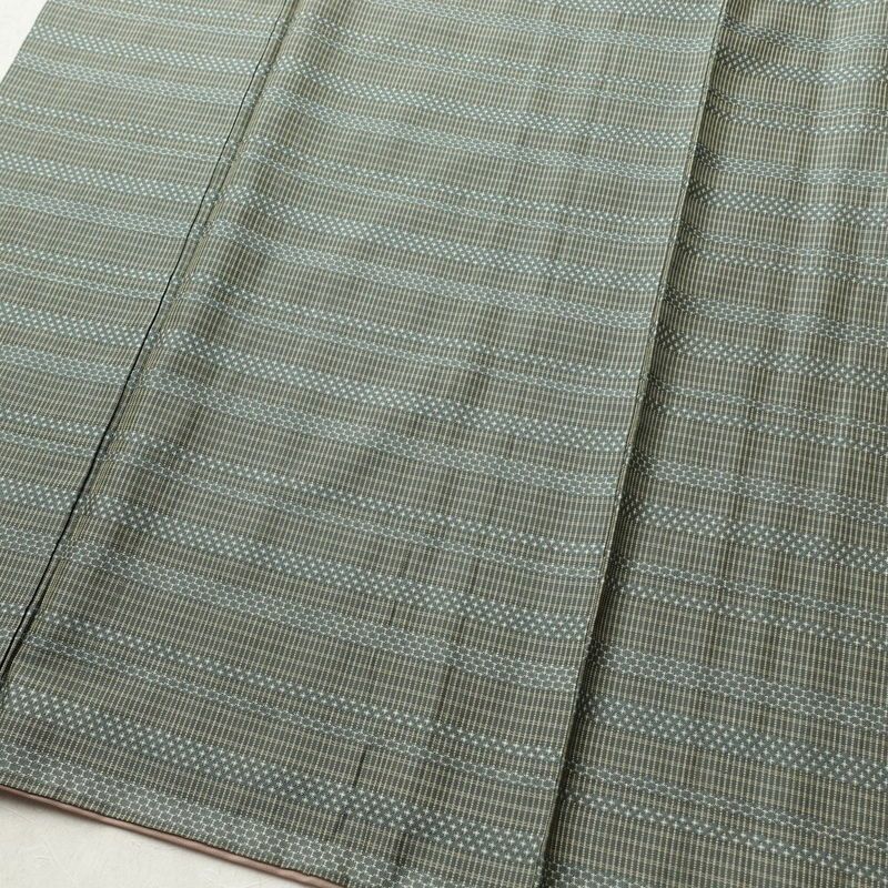 紬 アンティーク風 正絹 縞柄・線柄 袷仕立て 身丈152cm 裄丈64.5cm 緑・うぐいす色_画像4