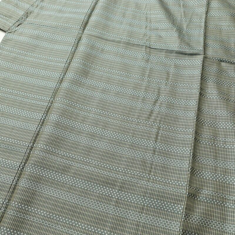 紬 アンティーク風 正絹 縞柄・線柄 袷仕立て 身丈152cm 裄丈64.5cm 緑・うぐいす色_画像5
