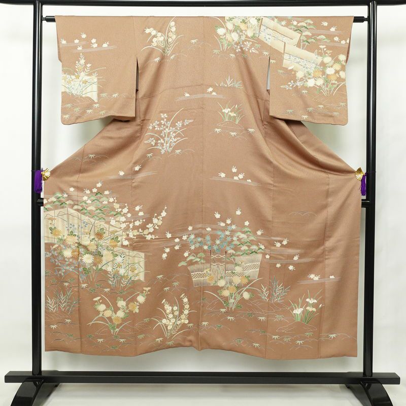 訪問着 正絹 古典柄 袷仕立て 身丈152cm 裄丈63.5cm 刺繍 茶_画像1