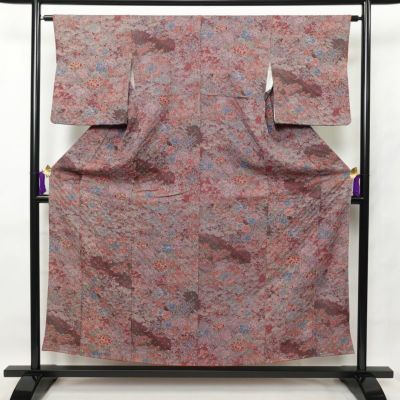 小紋 絞り 正絹 花柄 袷仕立て 身丈153cm 裄丈63.5cm 小豆・エンジ